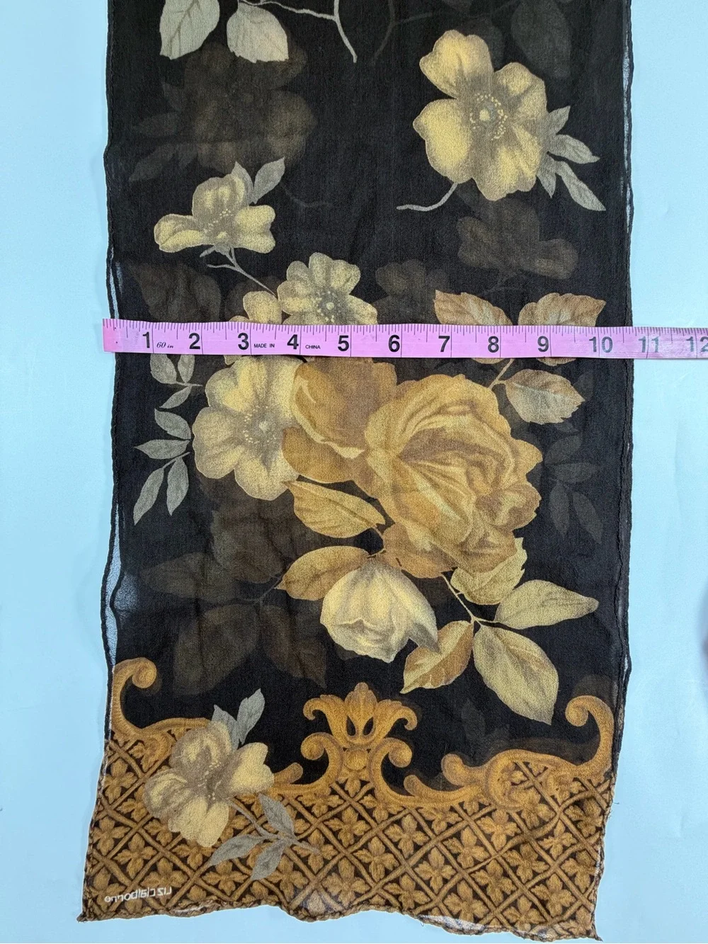 Liz Claiborne Floral Chiffon Scarf Brown Gold Sheer Rose Print 54x12